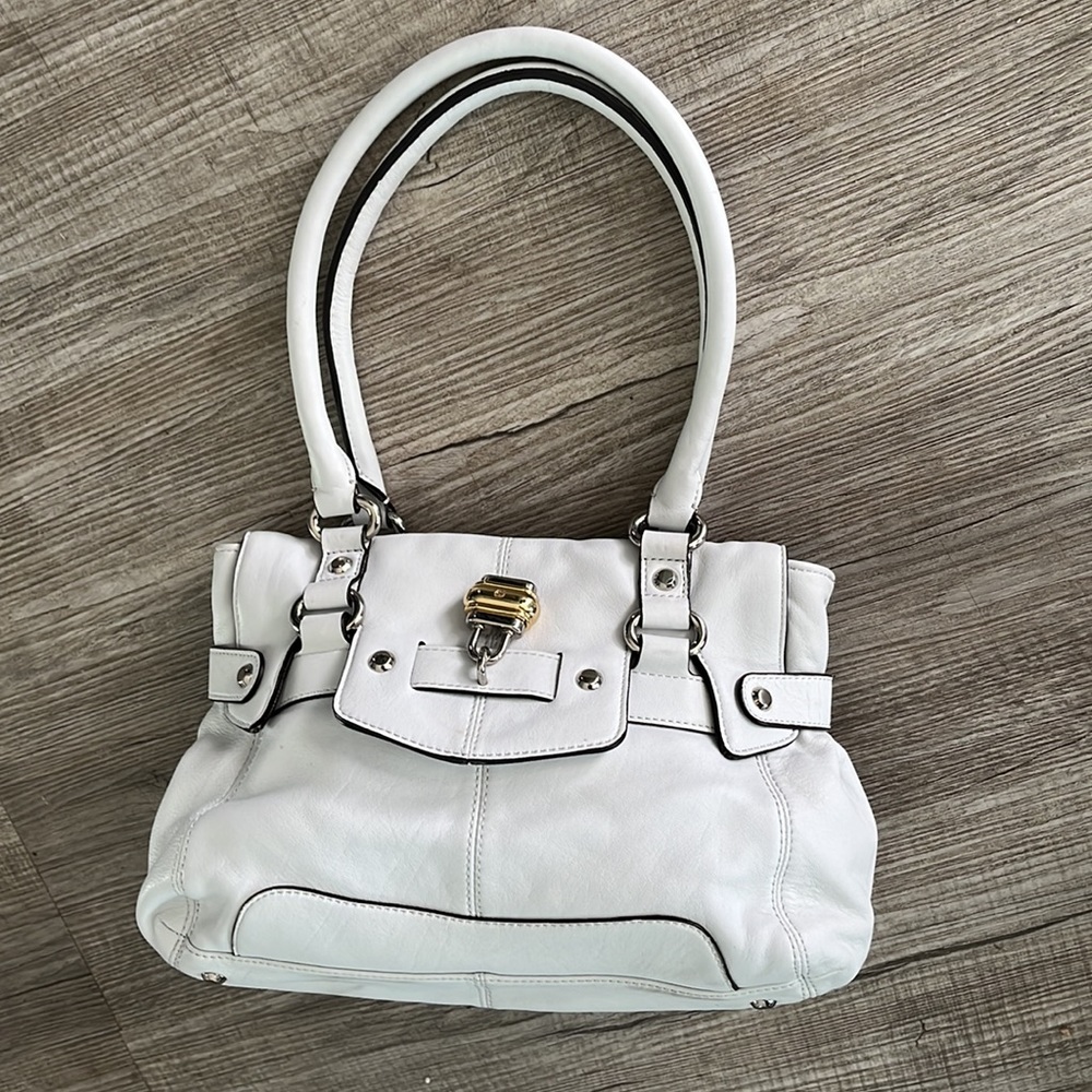 Classic White Satchel Handbag with Gold Hardware